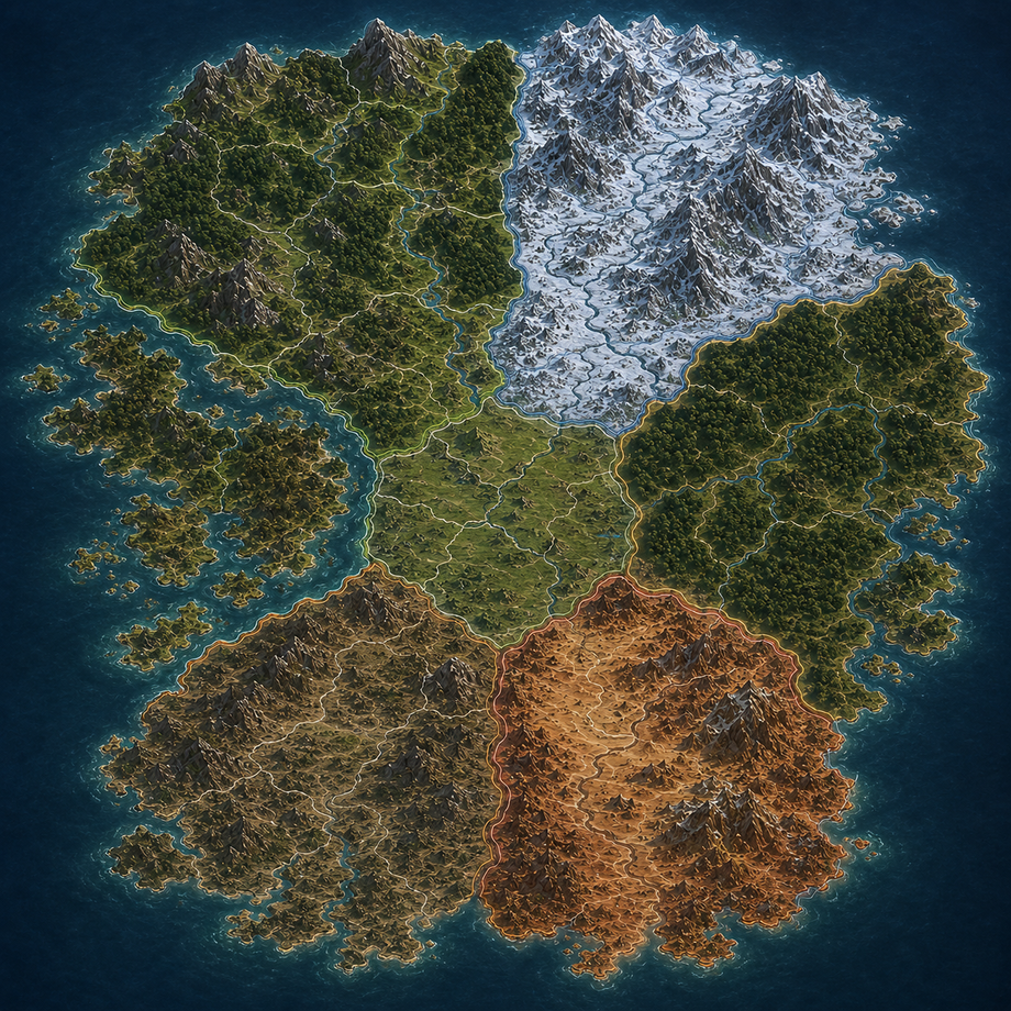 A map of the known world, divided into seven lands